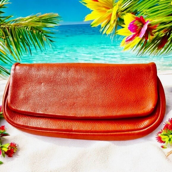 Vintage Orange Leather Clutch Purse Handbag Flap Top Zipper Suede Lined - Picture 3 of 10